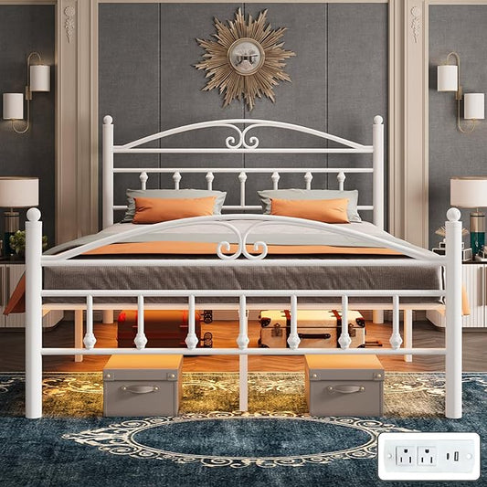 Queen Bed Frame with Charging Station,White Metal Platform Bed Frame Queen Size with LED Lights,Heavy Duty Metal Steel Slats Support,Noise Free,Easy to Assemble,12 Inch