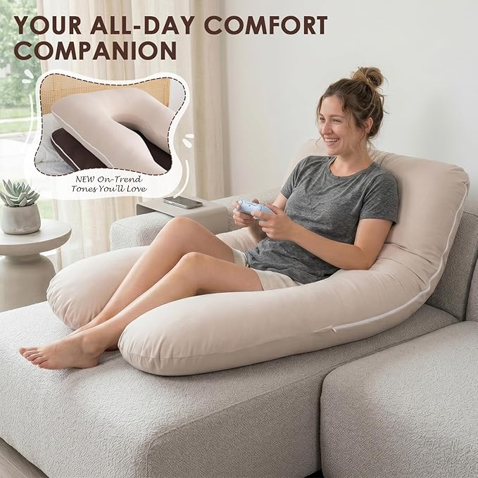 QUEEN ROSE U Shaped Pregnancy Pillow, Breathable Cotton Full Body Support for Maternity, Ivory