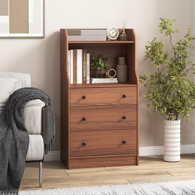 Tall 3 Drawers Dresser, Wood Chest of Drawers with 2 Open Shelves, Modern Nightstand with Anti-Toppling Device, Home Storage Cabinet Dresser Closet for Bedroom, Living Room, Entryway (Walnut)