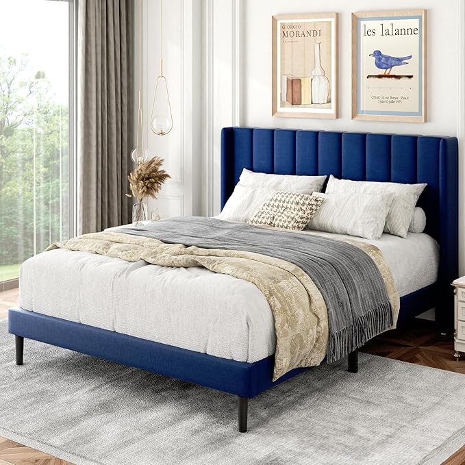 Gruwans Full Size Bed Frame with Upholstered Wingback Headboard, Easy Assemnly Platform Bed, Wooden Slat Support No Box Spring Needed, Navy Blue