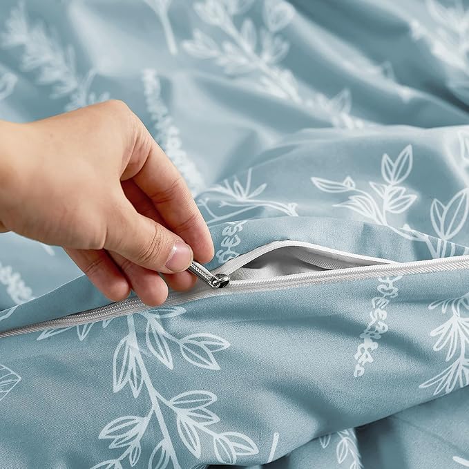 MUXHOMO Duvet Cover King Size, Reversible Floral Mineral Blue Duvet Cover Set with Zipper Closure, 3 Pieces Botanical Patterns Soft Microfiber Bedding Set (90"x104", 2 Pillow Cases 20"×36")