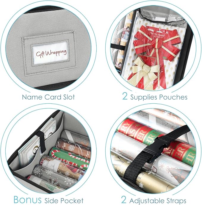 Hearth & Harbor Wrapping Paper Storage Container - Christmas Storage Bag with Interior Pockets - Gift Wrap Organizer Fits Up to 22 Rolls of 40" - Tear Proof, Silver