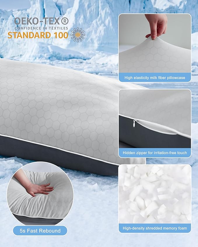 YZ HOME Cooling Body Pillow for Adults, Cold Touch Fabric, Blue Shredded Memory Foam, Support for Side Back Stomach Sleepers, Removable Washable Cover(Grey,20x54 inch)