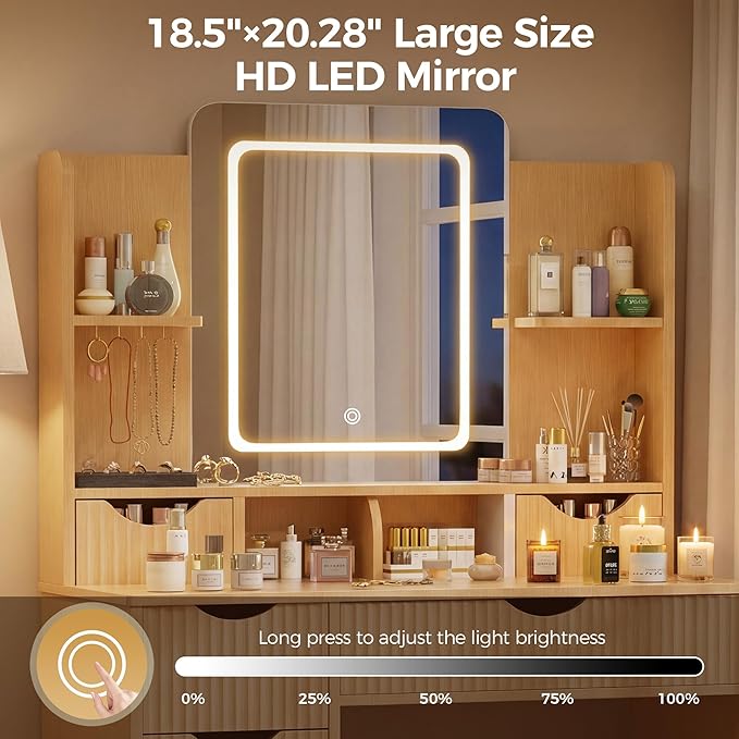 Vanity Desk with Mirror and Lights, Makeup Vanity Table with Large 6 Drawers Modern Fluted Wooden Dressing Table with Jewelry Hook 3 Color Modes Adjustable LED Mirror for Women Girls Bedroom or Dorm
