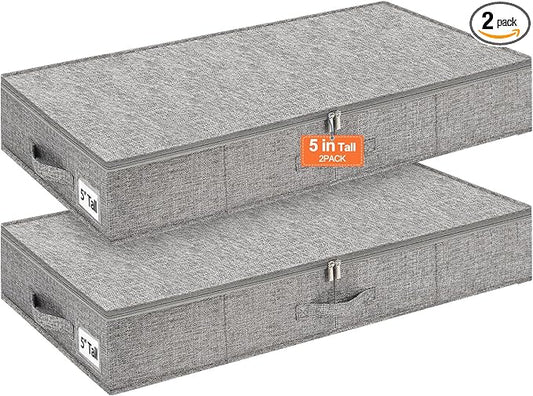 punemi 5 inches High Low Profile Under Bed Storage, Underbed Storage Containers With Sturdy Sidewalls & Bottom, Slim Under Couch Sofa Storage, Shallow Clothes Storage Bins, 2Pack, Grey