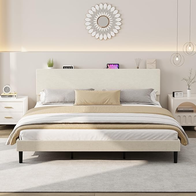 IDEALHOUSE King Size Bed Frame, Platform Bed with Adjustable Corduroy Upholstered Storage Headboard and Charging Station, Sturdy Metal Support, Noise Free, Easy Assembly, Beige