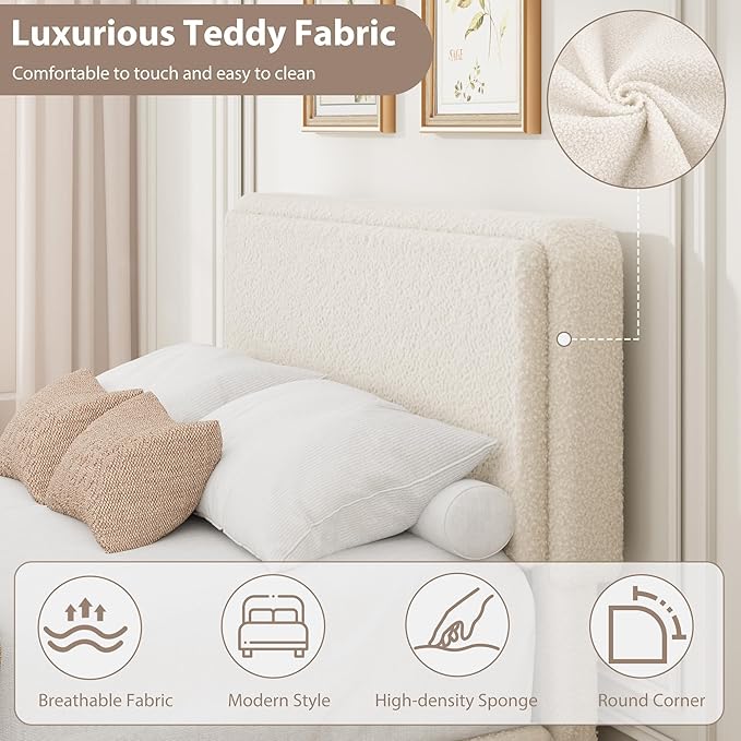 Garvee Twin Size Teddy Fleece Bed Frame, Upholstered Platform Bed with 2 Storage Drawers, Height Adjustable Headboard, Thick Soft Teddy Fabric Bed for Kids Teens, No Box Spring Required, Cream, 1PCS
