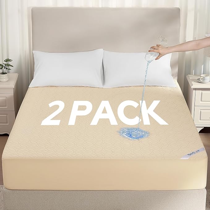 BEDLORE 2 Pack Waterproof Mattress Protector, Twin Size Mattress Pad with Deep Pocket 6"-15" Depth, Soft Breathable Bed Mattress Cover for Bedroom, College Dorm (Beige)