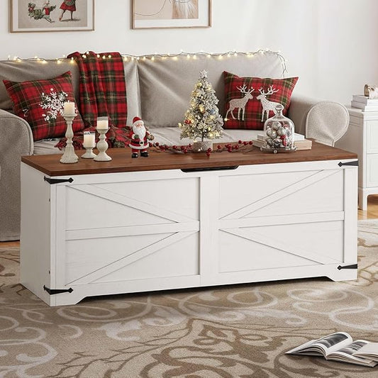 DWVO Storage Bench, 47.2" Farmhouse Storage Chest with 2 Safety Hinges, Wooden Utility Organizer, Shoe Bench for Entryway, Bedroom, Living Room, White and Walnut