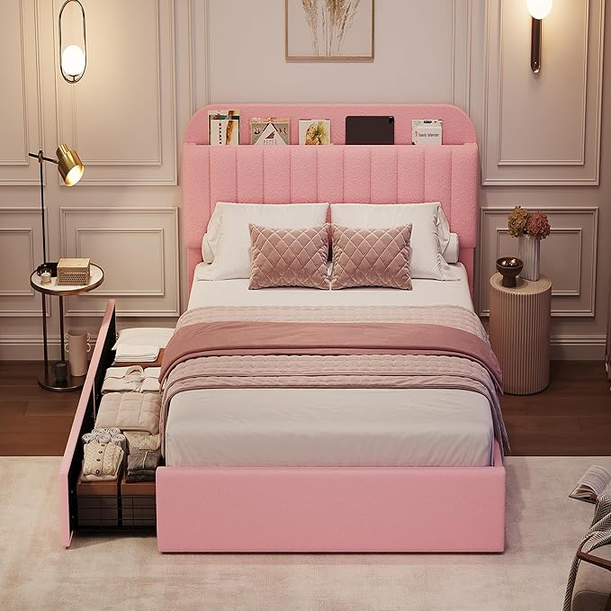 GarveeHome Twin XL Bed Frame with Storage Headboard, Girls Bed Frame with 2 Drawers, Boucle Upholstered Platform Bed with Bookcase, No Box Spring Needed, Easy Assembly, Light Pink