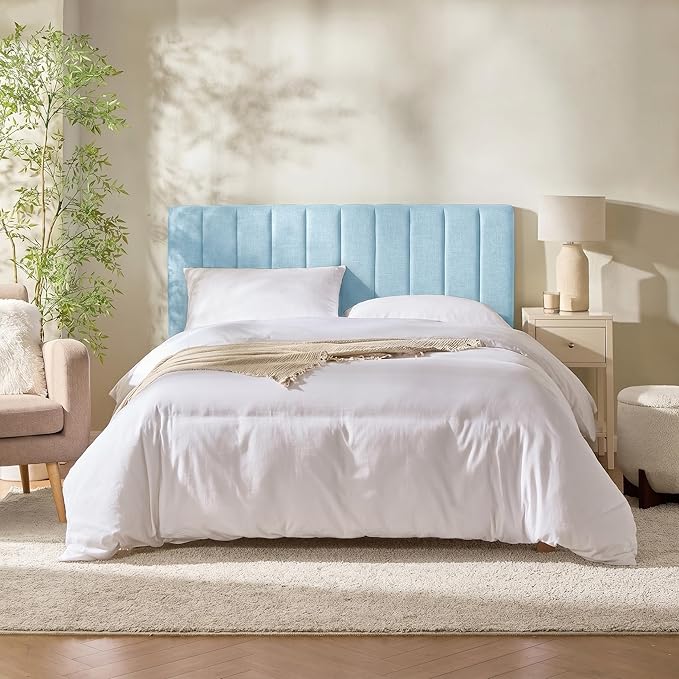 Hearth & Harbor Upholstered Full Headboard - Easy Assemble Channel Stitched Headboard Full Size - Wall Mounted Headboards with 3D Soundproof Wall Panels Peel & Stick Floating Headboards, 08-Ice Blue