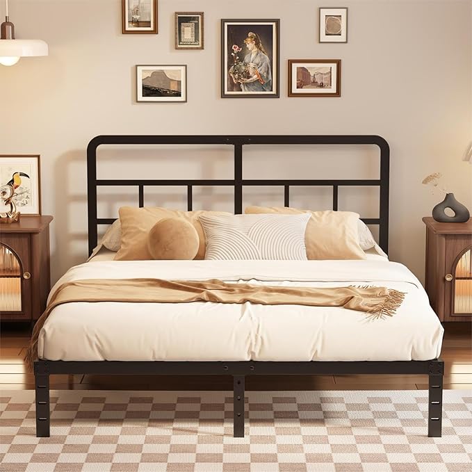 Husleephu Full Size Bed Frame with Headboard, 12 Inch Heavy Duty Metal Bed Frame Full, No Box Spring Needed, Noise Free, Easy Assemble, Black