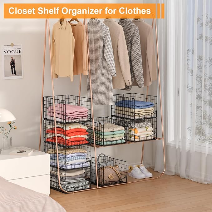 Hongtamoya 4-Tier Stackable Closet Organizers and Storage Shelves, Clothes Storage Basket, Clothes Shelf Organizer Sweater Organizer Bins Container for Wardrobe Kitchen Bathroom Office, Black