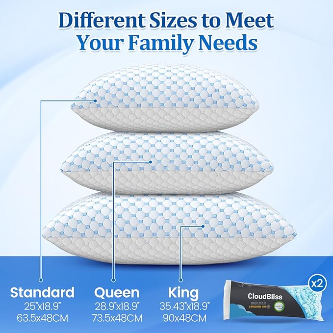 CloudBliss Cooling Bed Set of 2 Pillows for Sleeping, Shredded Memory Foam Pillows with Washable & Breathable Pillowcase, Adjustable Height Pillow for Side, Back and Stomach Sleepers, Standard Size
