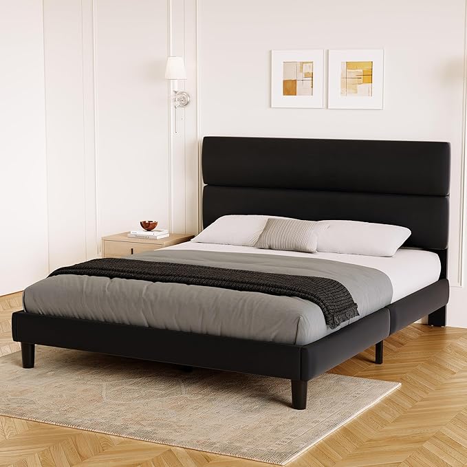 GRUSIGN Queen Size Platform Bed Frame with Velvet Headboard, Adjustable Height Wooden Slats Support, Upholstered Mattress Foundation, Fits Mattress or Mattress with Box Spring, Easy Assembly, Black