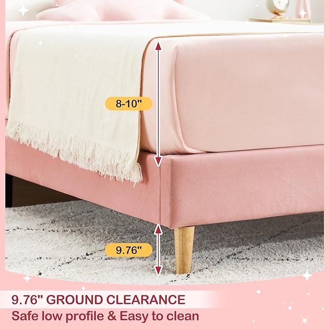 GarveeHome Twin Bed Frame, Upholstered Platform Bed with Wave Headboard for Girls/Kids, Easy Assembly, Wooden Slats Support, No Box Spring Needed, Velvet Pink