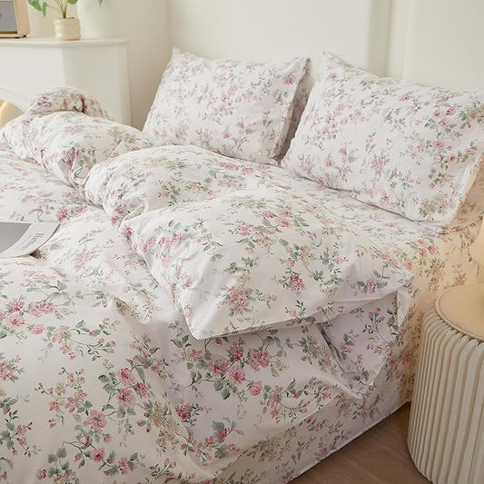 VM VOUGEMARKET Queen Duvet Cover Set Pink Floral Bedding Set on White 100% Cotton Reversible Vintage Comforter Cover with Zipper&Ties