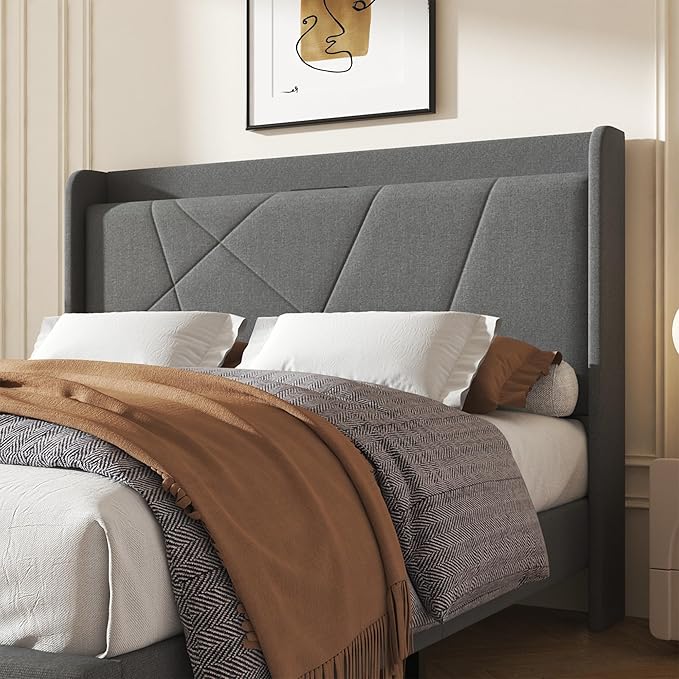 Queen Size Linen Bed Frame, Storage Headboard with Charging Station, Upholstered Platform Bed with Wooden Slats Support, Solid and Stable, Noise Free, No Box Spring Needed, Easy Assembly, Gray