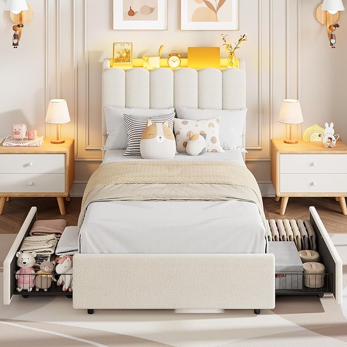 Garvee LED Twin XL Bed Frame with Storage Headboard, Kids Bed Frame with 2 Drawers, Boucle Upholstered Platform Bed for Girls, Chic Wavy Headboard with Bookcase, No Box Spring Needed, White