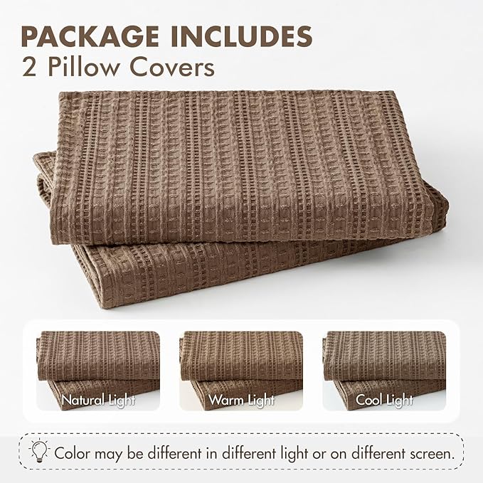 100% Cotton Waffle Pillow Shams Standard Size, 2 Pack 20x26 Decorative Pillow Covers for Bed Couch Sofa, Neutral Weave Cushion Cases Modern Farmhouse Home Decor, Brown