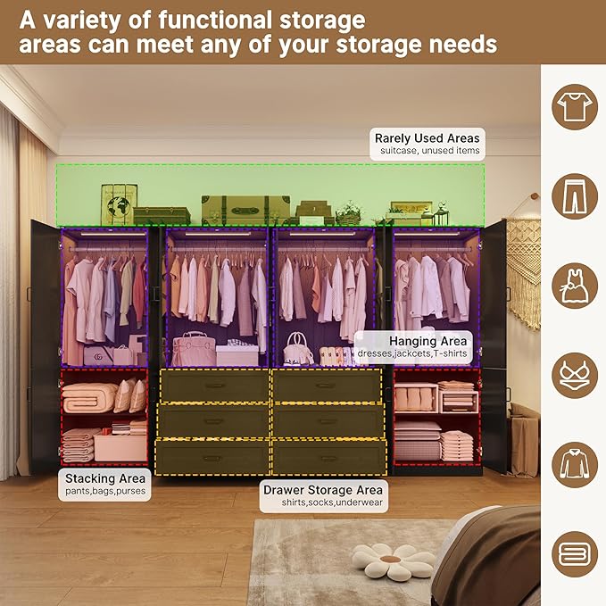 Hlivelood 75" Tall Farmhouse 8 Doors Armoire Wardrobe Closet with 6 Drawers and LED,Freestanding Closet Wardrobe Cabinet for Bedroom with Hanging Rod,Wooden Armoire Storage Cabinet(Black 8 Doors)
