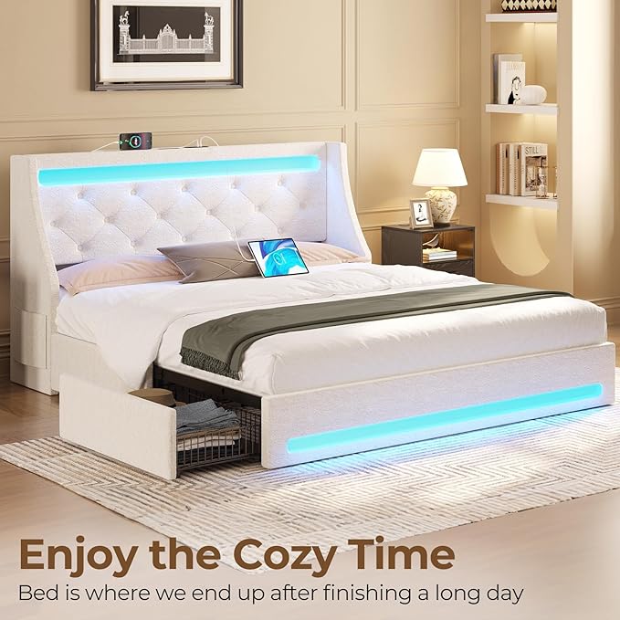 Rolanstar Queen Bed Frame with LED Lights and Charging Station, Upholstered Bed with Drawers, Wooden Slats, Noise Free, Easy Assembly, Beige