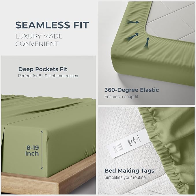 THREAD SPREAD 100% Egyptian Cotton Sheets Queen Size - Luxury 1500 Series Queen Sheet Set Egyptian Cotton (4 PC, Sage Green), Silky Soft, Sateen Weave, Cooling & Breathable, 17" Deep Pocket Bed Set