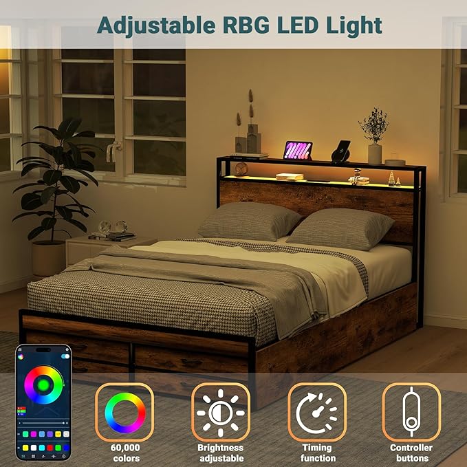Zevemomo Full Bed Frame with 8 Storage Drawers, Full Metal Bed Frame with LED Light and Charging Station, Heavy Duty Metal Slats, No Box Spring Needed, Rustic Brown