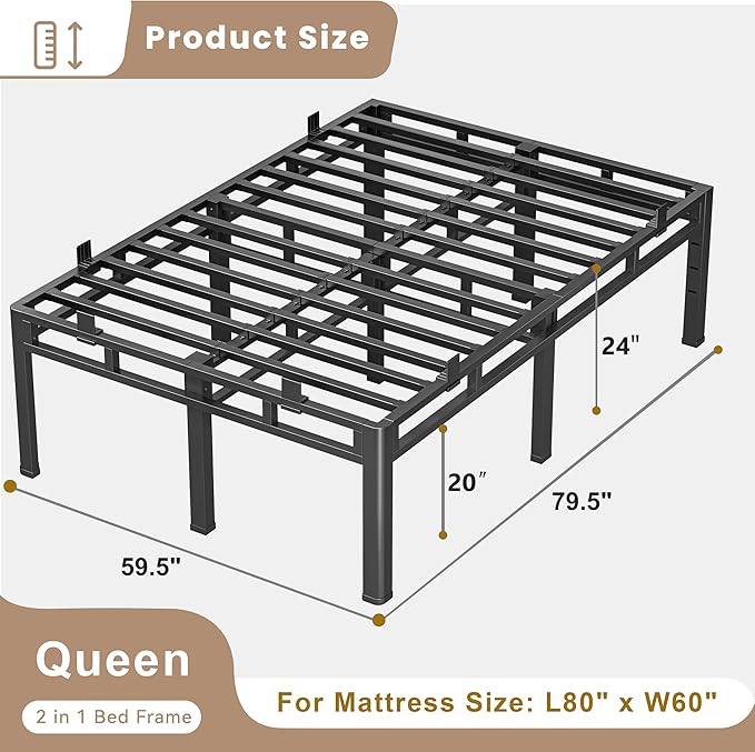 ROIL 24 Inch Queen Size Bed Frame, Metal Bed Frame & Box Spring 2 in 1 Platform with Round Corner Legs, 4000LBS Double Layer Bed Frame with Headboard Holes Mattress Baffles, Noise-Free Easy Assembly
