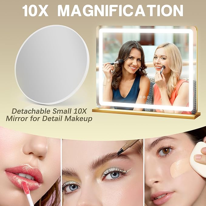 ROLOVE 23"x18" Gold Vanity Mirror with Lights, Large Lighted Makeup Mirror with 10X Magnifier, 3 Color Lighting & Stepless Dimming, Wall Mounted or Tabletop Desk Mirror for Bedroom
