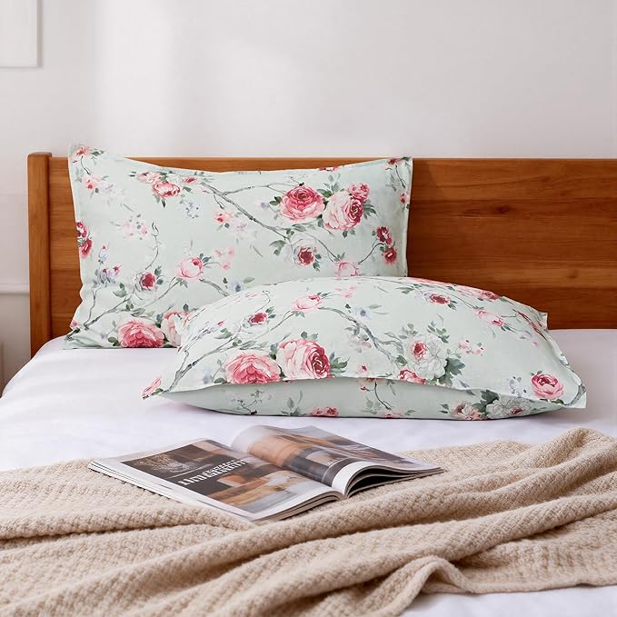 CHUFFED 100% French Linen Pillow Cases Pink Rose Print, Farmhouse Floral Stone Washed Pillow Shams with Envelope Closure Soft Breathable Vintage Pillow Covers for Decor,20x30 inches