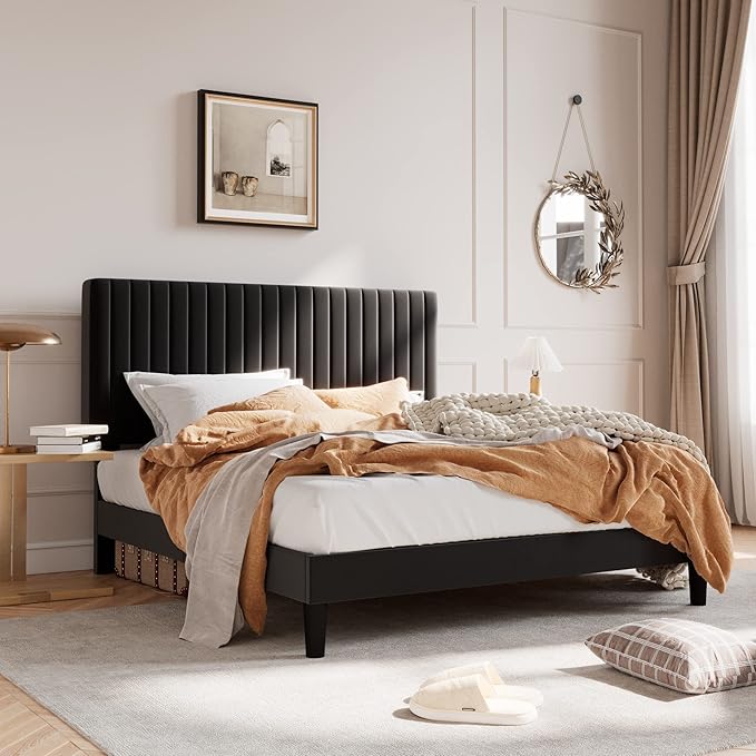 SHA CERLIN Full Upholstered Platform Bed Frame with Adjustable Headboard/Vertical Channel Tufted Velvet Fabric/Wooden Slats Support/Mattress Foundation/Box Spring Optional/Black