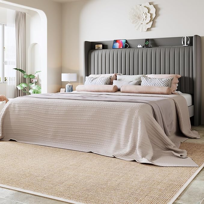 Allewie King Size Platform Bed Frame with USB Charging Station and Storage Shelf/Upholstered Velvet Wingback Headboard/Wooden Slats Support/No Box Spring Needed/Easy Assembly, Grey