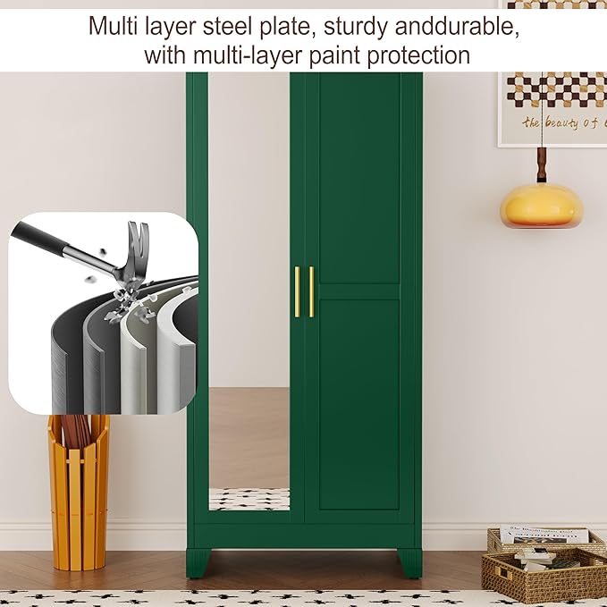 71" Metal Armoire Wardrobe Closet, Steel Clothing Storage Cabinet with Mirror and Adjustable Shelves, Household Steel Wardrobes Storage Cabinet with Adjustable Standing Feet and Hanging Rod（Green）