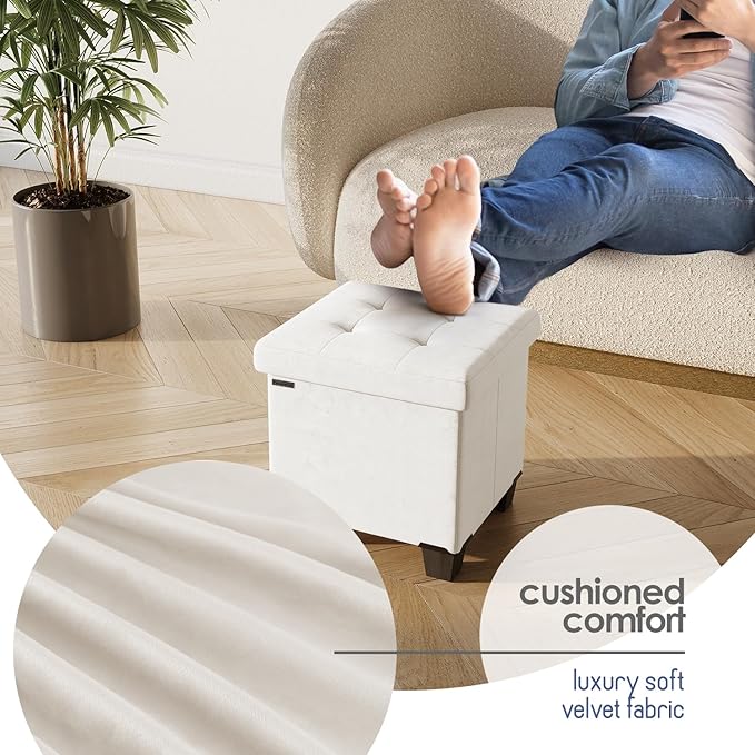Storage Ottoman Cube with Small Bin, 15-in Square Ottoman with Storage for Living Room and Bedroom, Small Ottomans Foot Rest, Velvet Foot Stools Ottomans Max 330lbs, Cream
