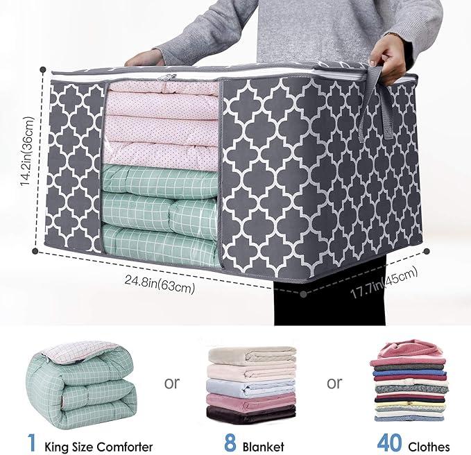 WISELIFE Storage Bags, Large Blanket Clothes Organization and Storage Containers for Bedding, Comforters, Foldable Organizer with Reinforced Handle, Clear Window,Sturdy Zippers,(Grey, 6 x 100L)