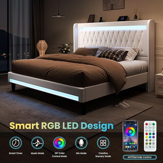 SHA CERLIN King Size LED Bed Frame with Charging Station, Velvet Upholstered Platform Bed with High Wingback Headboard, No Box Spring Needed, Easy Assembly, White
