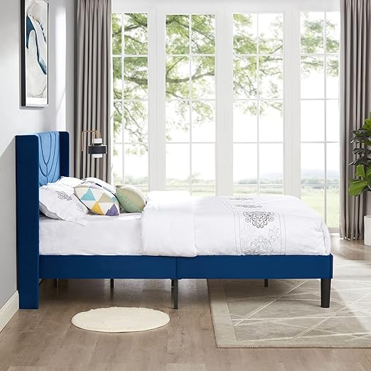 VECELO Upholstered Platform Full Bed Frame with Fabric Headboard,Wooden Slats Support/No Box Spring Needed/Mattress Foundation,Dark Blue