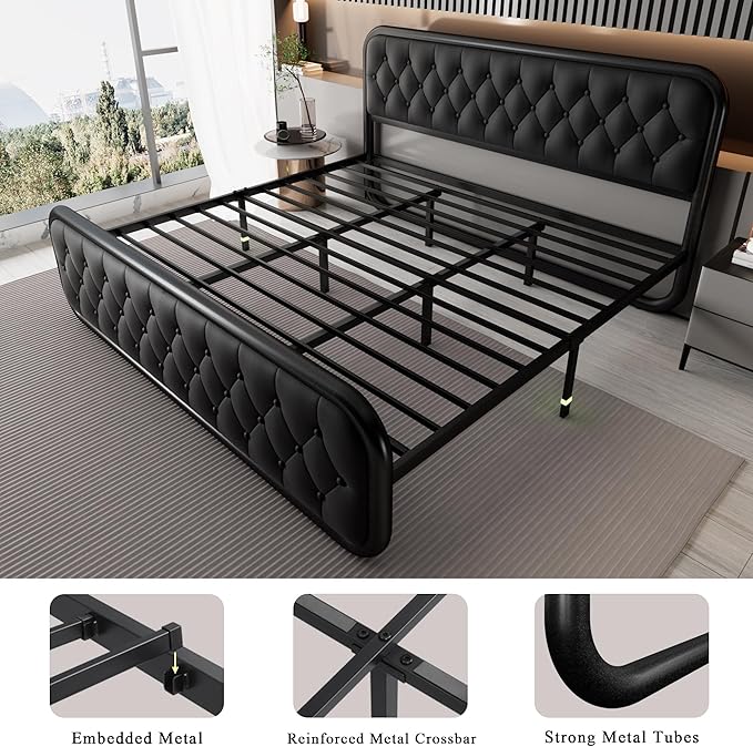 Feonase King Size Bed Frame, Upholstered Bed Frame with Faux Leather Headboard, Heavy Duty Platform Bed with Strong Metal Slats, 12 Inch Under-Bed Storage, Noise-Free, Easy Assembly, Black