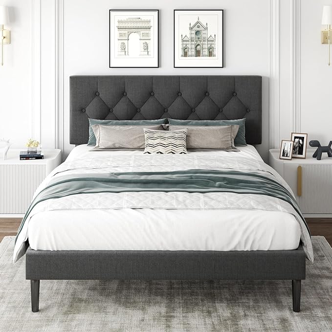 CXVX Queen Size Platform Bed Frame with Upholstered Headboard, Button Tufted Design, Strong Wooden Slats, No Box Spring Needed, Easy Assembly, Noise Free