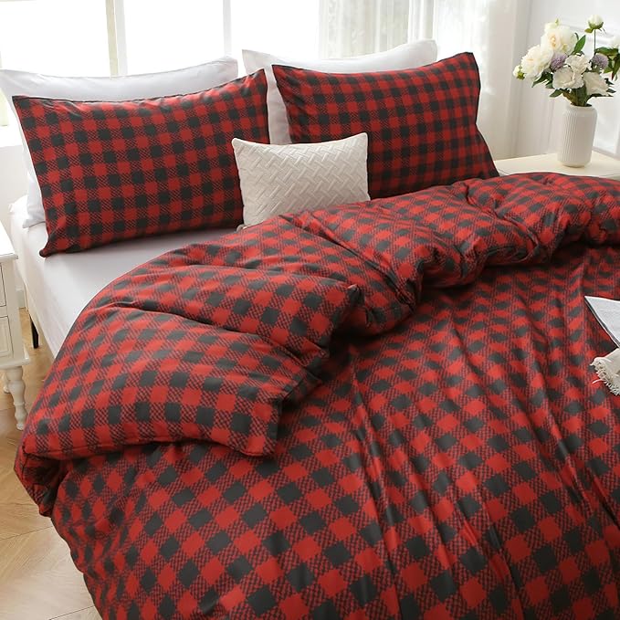 MUXHOMO Duvet Cover Queen Size Floral Duvet Cover Set with Zipper Closure, Red Plaid Bedding Set, 3 Pieces, 1 Duvet Cover 90"x90" with 4 Corner Ties and 2 Pillowcases 20"x30"