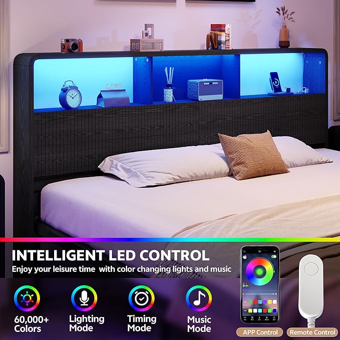 King Headboard Only, 78.7" Wide Wooden Headboard King Size with Storage, Modern Farmhouse Head Board with Outlets & USB Ports, Wall Mounted Headboards with Color-Changing LED, Black