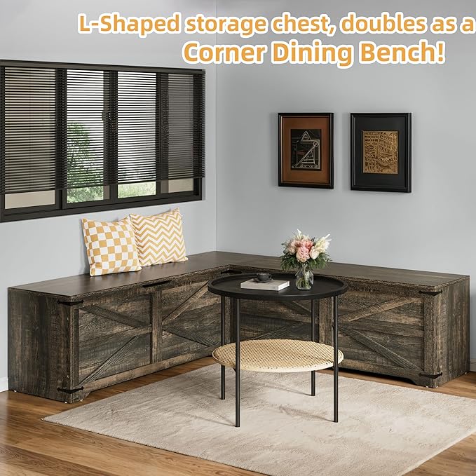 DWVO L-Shaped Storage Bench, 18" High Corner Dining Bench with Safety Hinges, Wooden Nook Chest for Living Room, Bedroom