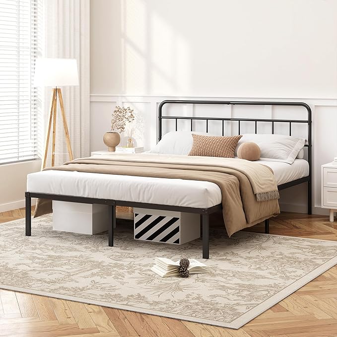 Kujielan 12 inches Queen Size Bed Frame with Minimalist headboard,Metal Platform Base with Strong Metal Slats,Mattress Foundation for Under Bed Storage,Easy Assembly,Black