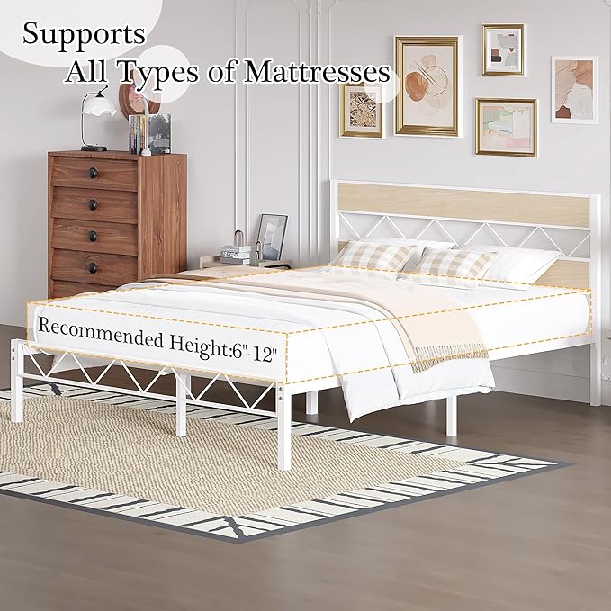 VECELO Full Size Bed Frame with Headboard, Heavy-Duty Platform Bedframe with Metal Slats Support, No Box Spring Needed, Easy Assembly, White & Natural