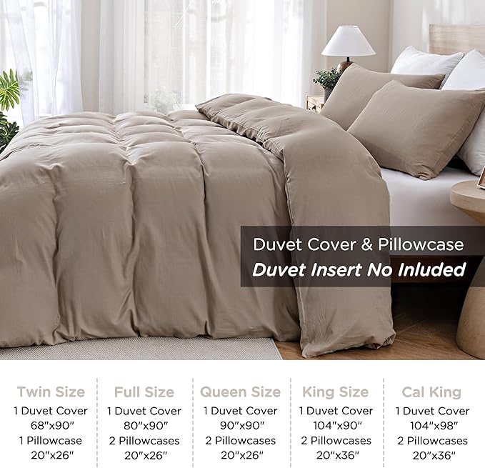 TOCOMOA Muslin Duvet Cover 100% Cotton Like Linen Texture Breathable Soft Comfy 3-Piece Taupe Comforter Cover Bedding Set (Queen 90"x90", Comforter Not Included)