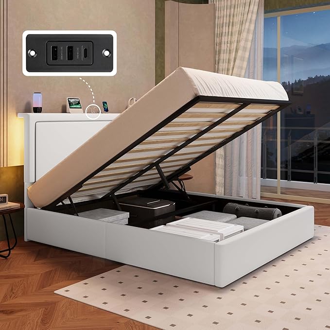 Allewie Queen Size Lift Up Storage Bed Frame with Charging Station & LED Lights, Adjustable Velvet Upholstered Storage Headboard, Type-C & USB Ports, Hydraulic Support, No Box Spring Needed, White