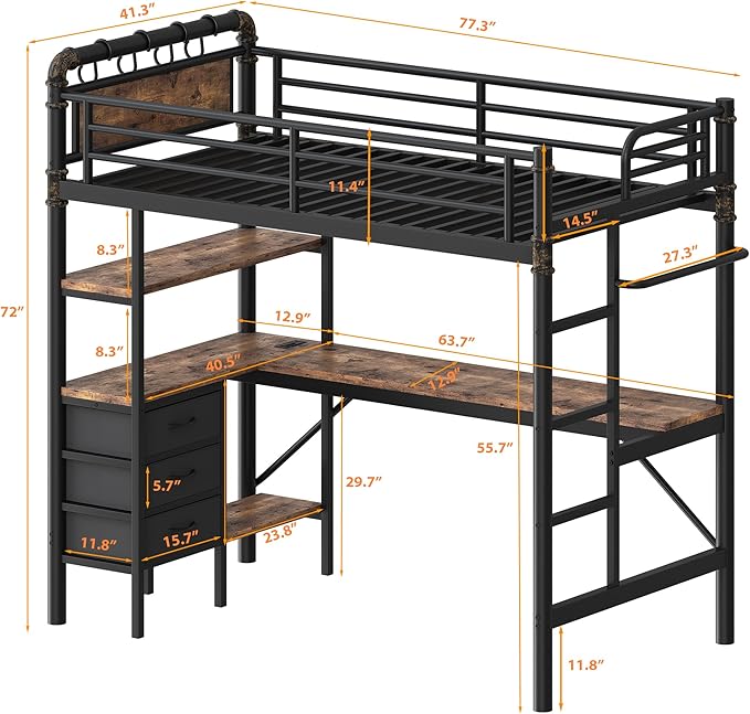 Twin Size Loft Bed with L-Shaped Desk, LED Lights,Charging Station, Industrial Heavy Duty Metal Loft Bed Frame with 3 Storage Shelves and 3 Fabric Drawers, Safety Guard & Ladder, Vintage Brown