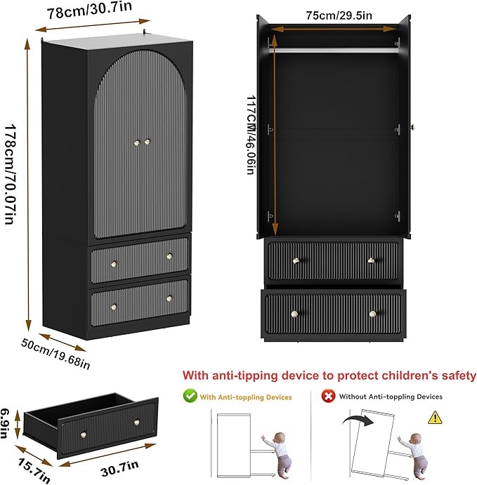 PAKASEPT Armoire Wardrobe Closet with 2 Drawers & Hanging Rod, Freestanding Wooden Wardrobe Cabinet with 2 Striped Doors for Bedroom, Living Room
