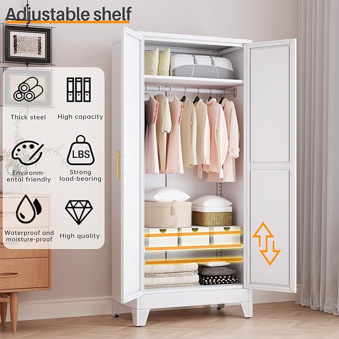 RIETERN Metal Armoire Wardrobe Closet, 71" Tall Bedroom Closet with Mirror, Adjustable Shelves, and Hanging Rod, Steel Clothes Closets and Storage, for Bedroom White